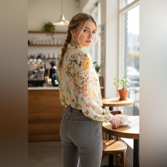 Violetta Botanical Blouse | Wide Bishop Sleeves Floral Blouse in Sea Green Color - Picture 3 of 11